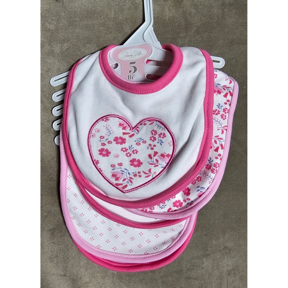 Rene Rofe Baby Bibs 5 Pack Pink White Floral Heart Polka Dot Set
